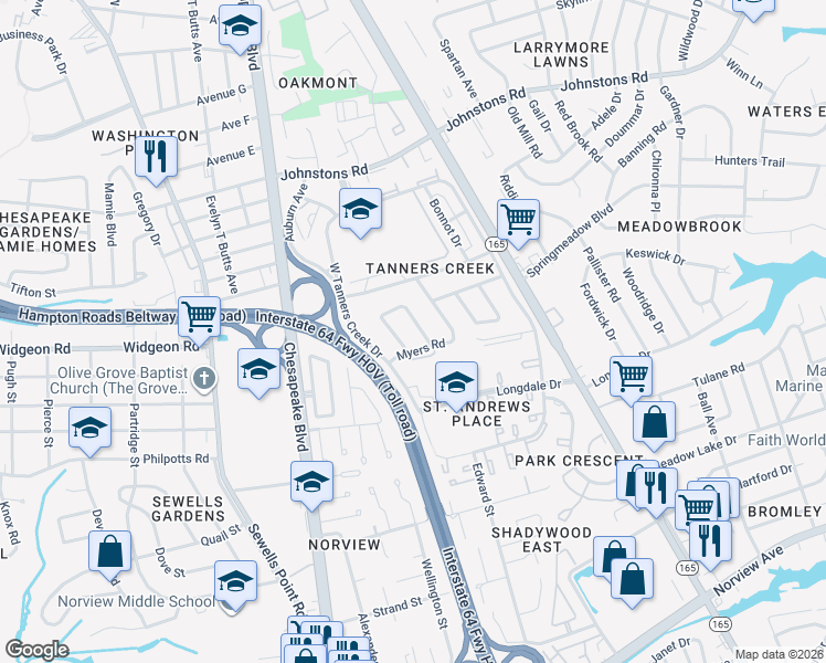 map of restaurants, bars, coffee shops, grocery stores, and more near 6865 Cedarwood Court in Norfolk