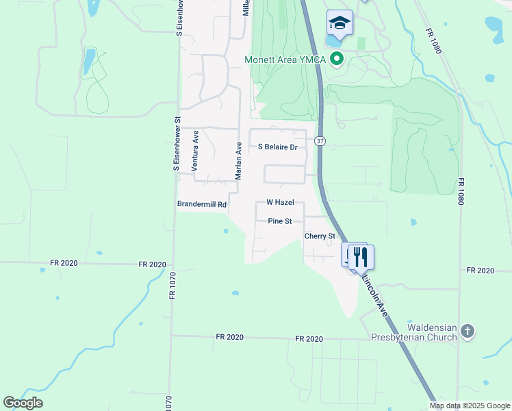 map of restaurants, bars, coffee shops, grocery stores, and more near 329 Hazel Street in Monett