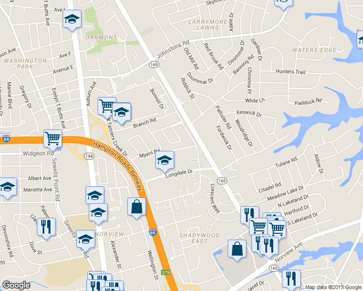 map of restaurants, bars, coffee shops, grocery stores, and more near 6837 Silverwood Court in Norfolk