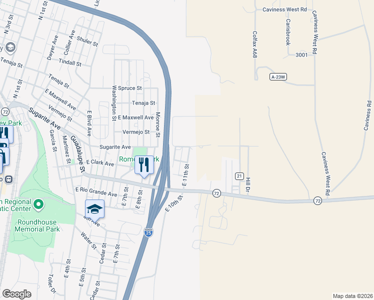 map of restaurants, bars, coffee shops, grocery stores, and more near 104 East 11th Street in Raton