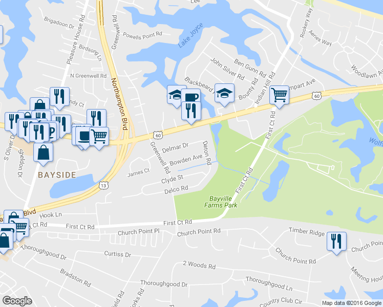 map of restaurants, bars, coffee shops, grocery stores, and more near 4416 Bowden Avenue in Virginia Beach
