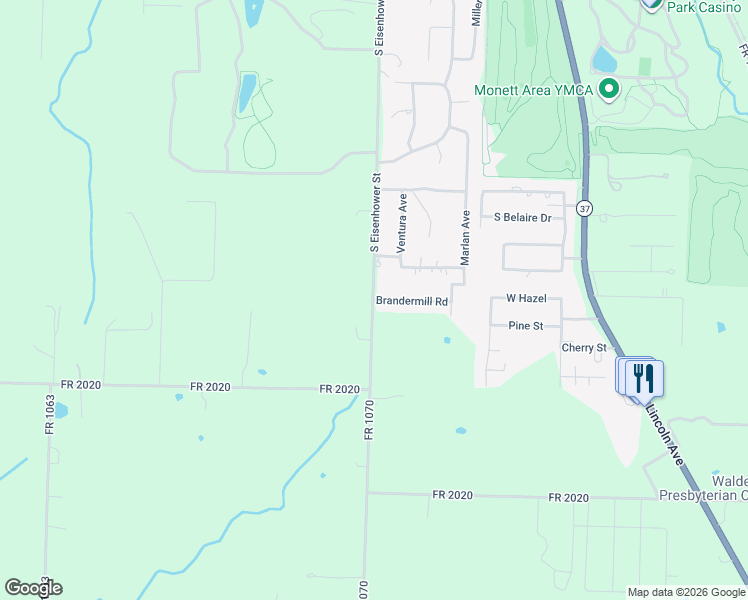 map of restaurants, bars, coffee shops, grocery stores, and more near 498 Brandermill Rd in Monett
