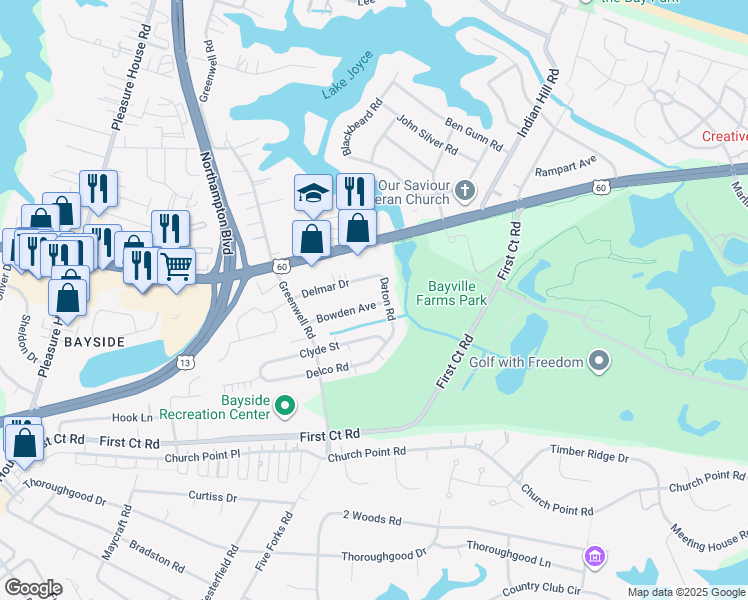 map of restaurants, bars, coffee shops, grocery stores, and more near 4416 Bowden Avenue in Virginia Beach