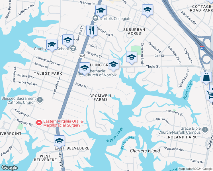 map of restaurants, bars, coffee shops, grocery stores, and more near 218 North Blake Road in Norfolk
