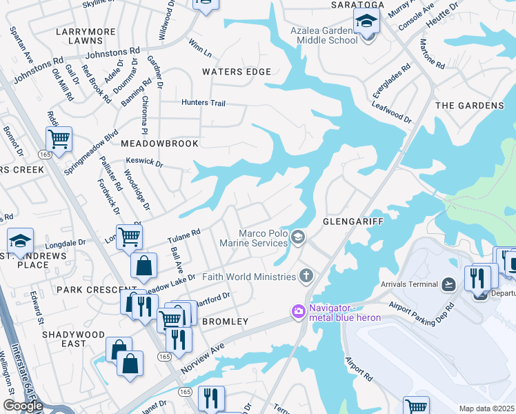 map of restaurants, bars, coffee shops, grocery stores, and more near 2027 Kenlake Place in Norfolk