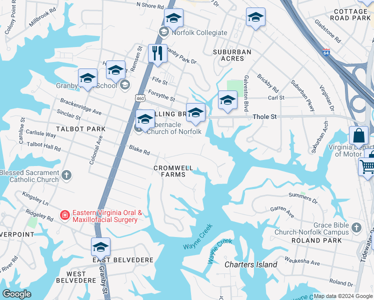 map of restaurants, bars, coffee shops, grocery stores, and more near 220 North Blake Road in Norfolk