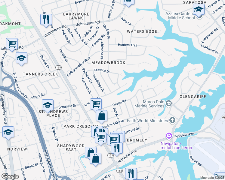 map of restaurants, bars, coffee shops, grocery stores, and more near 1800 Longdale Drive in Norfolk