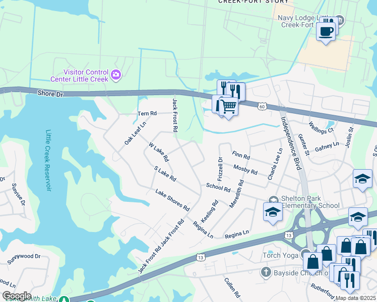 map of restaurants, bars, coffee shops, grocery stores, and more near 1912 Jack Frost Road in Virginia Beach