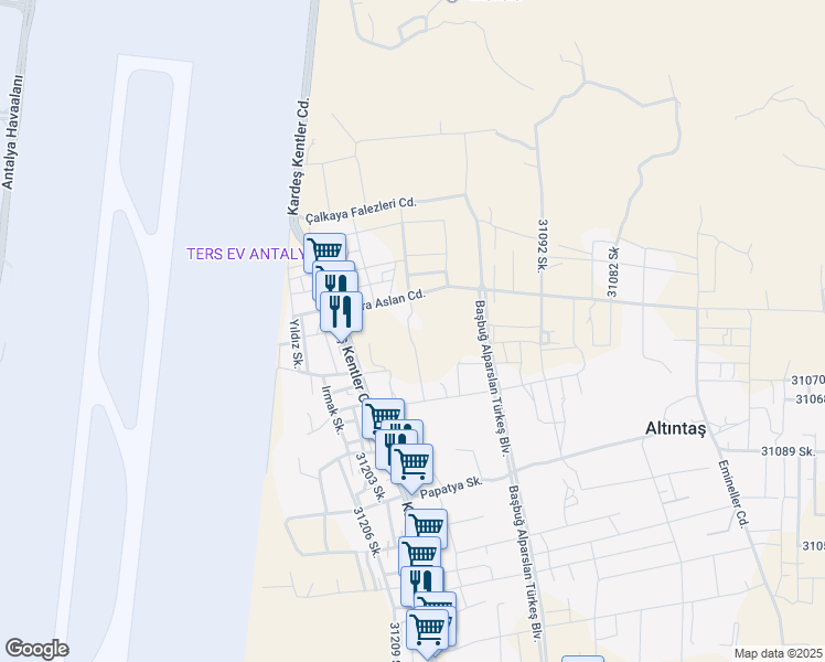 map of restaurants, bars, coffee shops, grocery stores, and more near No:1 Kara Aslan Caddesi in Aksu