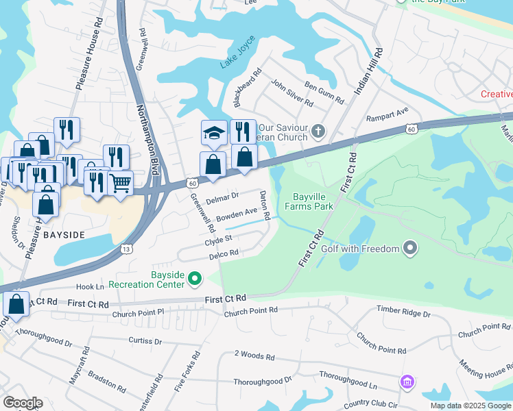 map of restaurants, bars, coffee shops, grocery stores, and more near 4416 Bowden Avenue in Virginia Beach