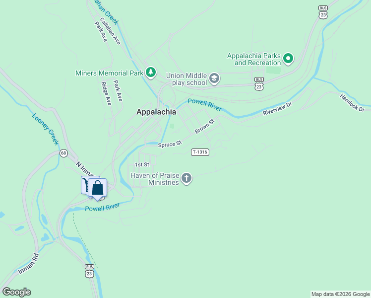 map of restaurants, bars, coffee shops, grocery stores, and more near 203 Wilson Street in Appalachia