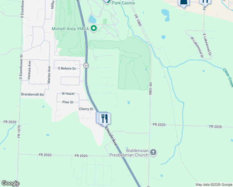 map of restaurants, bars, coffee shops, grocery stores, and more near 117 E Hazel St in Monett