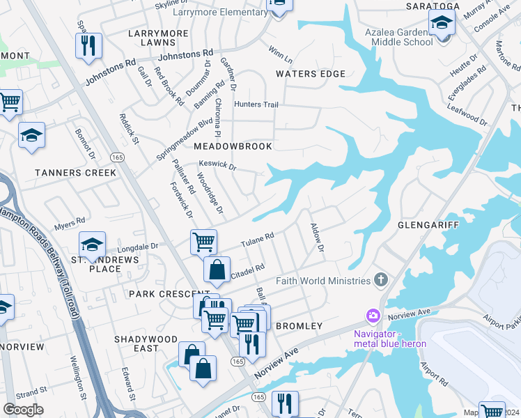 map of restaurants, bars, coffee shops, grocery stores, and more near 1819 Longdale Drive in Norfolk