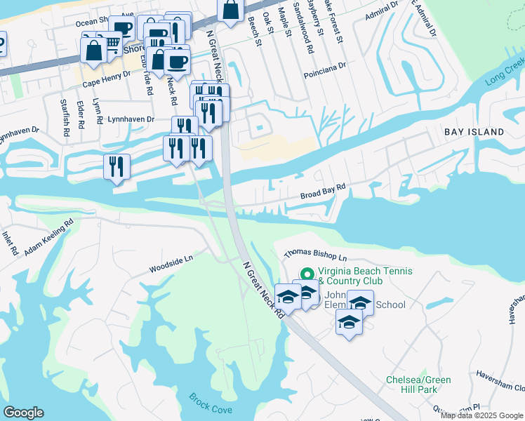 map of restaurants, bars, coffee shops, grocery stores, and more near 2781 Broad Bay Road in Virginia Beach