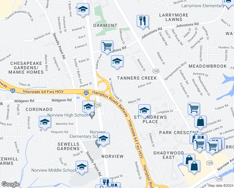 map of restaurants, bars, coffee shops, grocery stores, and more near 6836 West Tanners Creek Drive in Norfolk