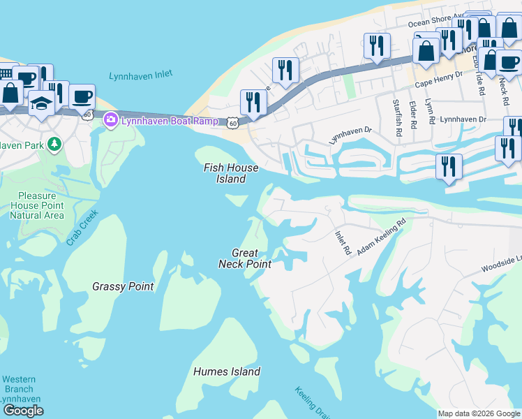 map of restaurants, bars, coffee shops, grocery stores, and more near 3154 Inlet Road in Virginia Beach