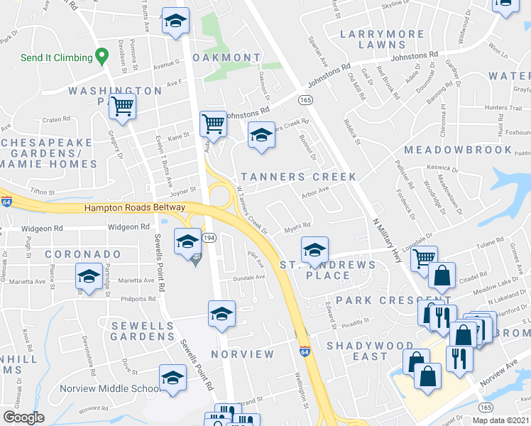 map of restaurants, bars, coffee shops, grocery stores, and more near 6817 Cedarwood Court in Norfolk