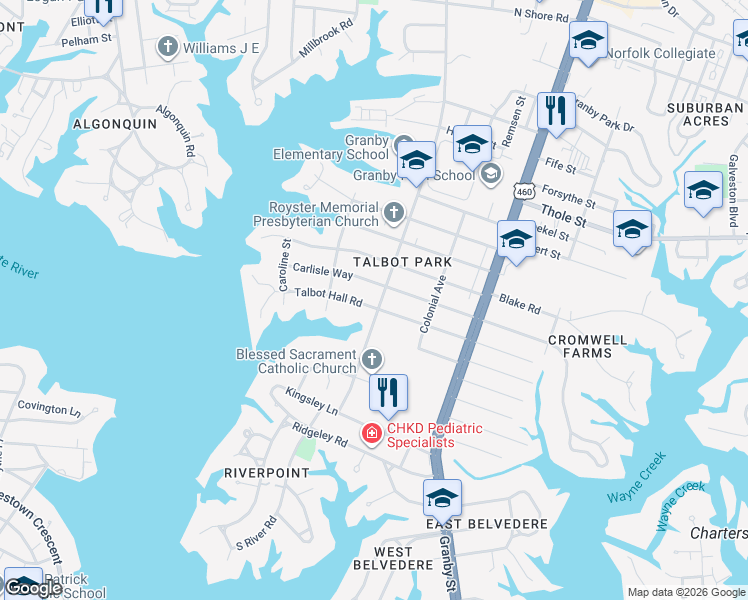 map of restaurants, bars, coffee shops, grocery stores, and more near 400 Talbot Hall Road in Norfolk