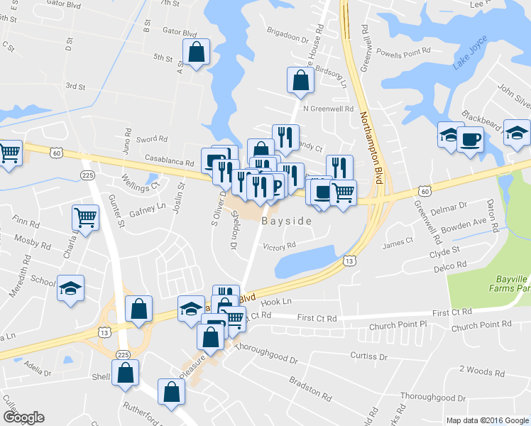 map of restaurants, bars, coffee shops, grocery stores, and more near 2036 Pleasure House Road in Virginia Beach