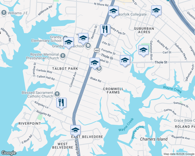 map of restaurants, bars, coffee shops, grocery stores, and more near 111 Blake Road in Norfolk