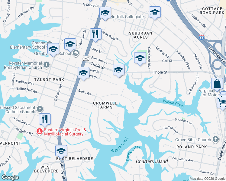 map of restaurants, bars, coffee shops, grocery stores, and more near 220 North Blake Road in Norfolk