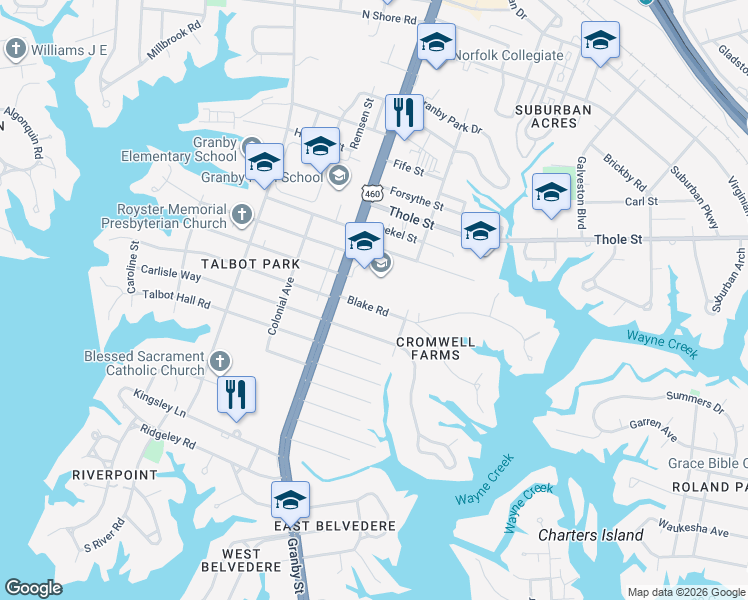 map of restaurants, bars, coffee shops, grocery stores, and more near 111 Blake Road in Norfolk