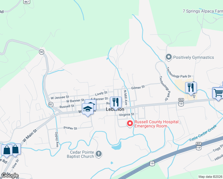 map of restaurants, bars, coffee shops, grocery stores, and more near Gilmer Street in Lebanon