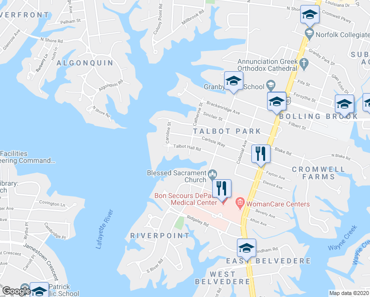 map of restaurants, bars, coffee shops, grocery stores, and more near 503 Talbot Hall Road in Norfolk
