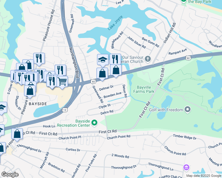 map of restaurants, bars, coffee shops, grocery stores, and more near 4416 Bowden Avenue in Virginia Beach