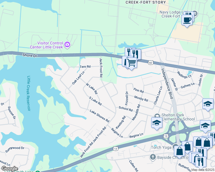 map of restaurants, bars, coffee shops, grocery stores, and more near 1912 Jack Frost Road in Virginia Beach