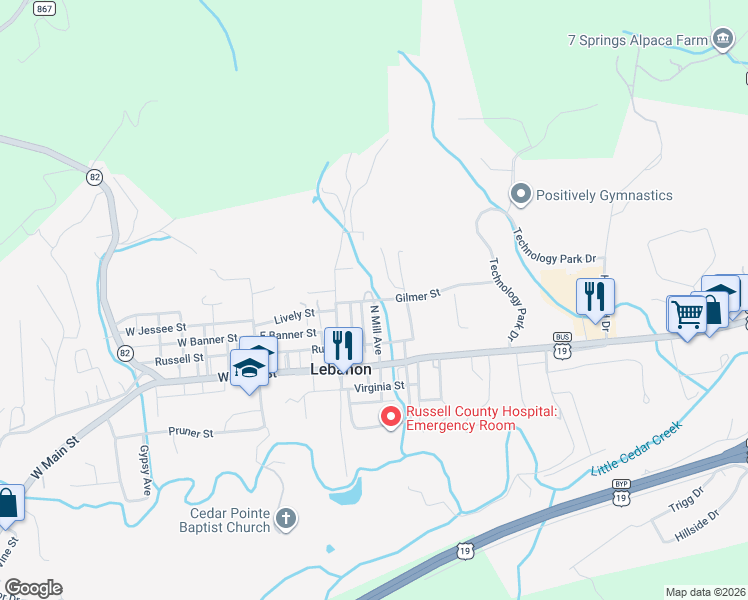 map of restaurants, bars, coffee shops, grocery stores, and more near Gilmer Street in Lebanon