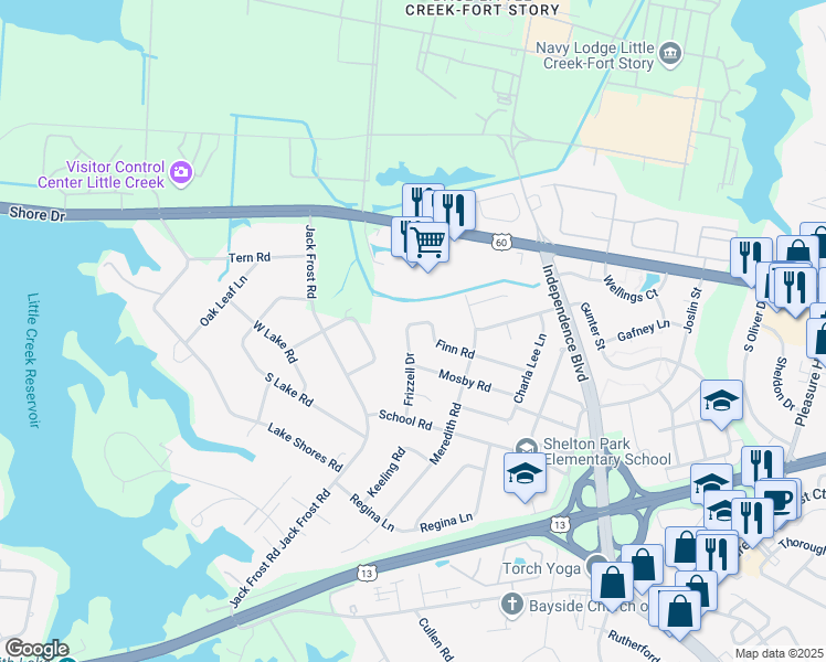 map of restaurants, bars, coffee shops, grocery stores, and more near 1912 Frizzell Drive in Virginia Beach
