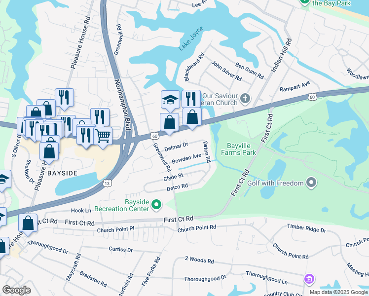 map of restaurants, bars, coffee shops, grocery stores, and more near 4416 Bowden Avenue in Virginia Beach