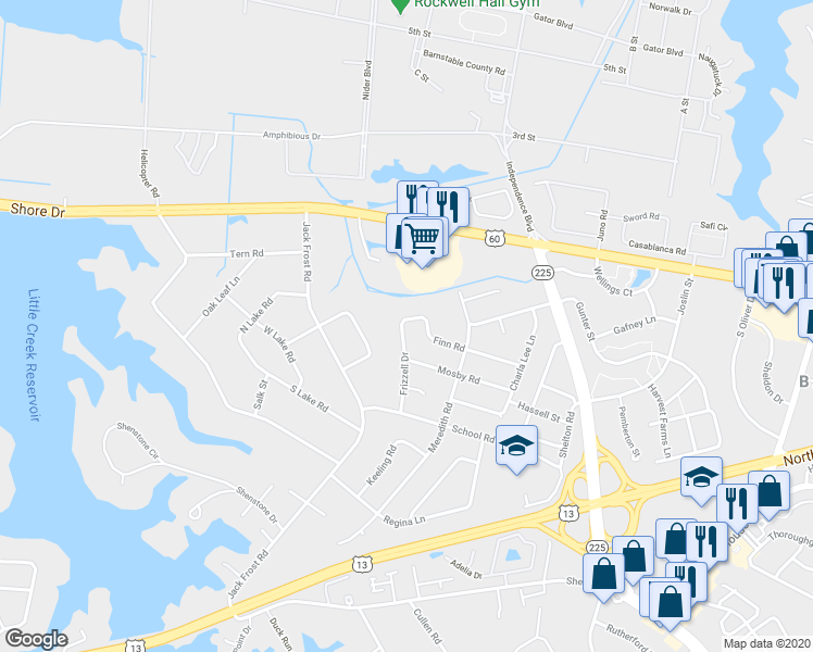 map of restaurants, bars, coffee shops, grocery stores, and more near 1908 Frizzell Drive in Virginia Beach
