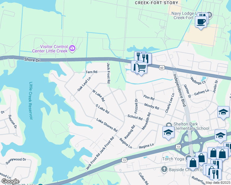 map of restaurants, bars, coffee shops, grocery stores, and more near 1912 Jack Frost Road in Virginia Beach