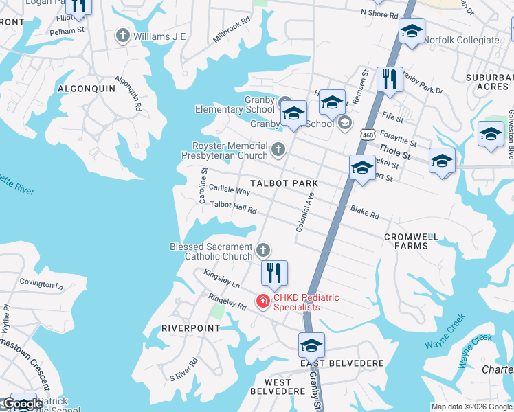 map of restaurants, bars, coffee shops, grocery stores, and more near 400 Talbot Hall Road in Norfolk