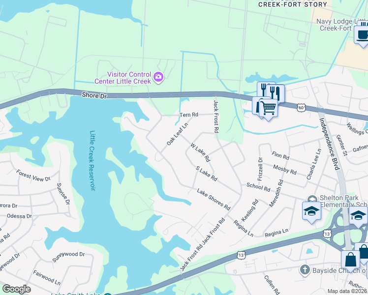 map of restaurants, bars, coffee shops, grocery stores, and more near 5233 South Lake Road in Virginia Beach
