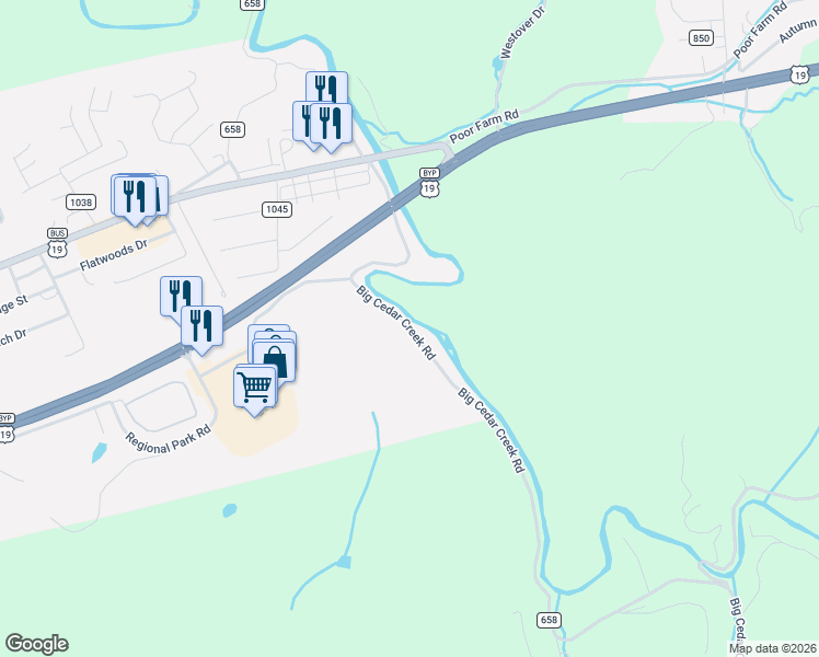 map of restaurants, bars, coffee shops, grocery stores, and more near County Road 658 in Lebanon