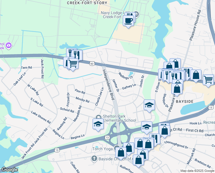 map of restaurants, bars, coffee shops, grocery stores, and more near 1945 Independence Boulevard in Virginia Beach
