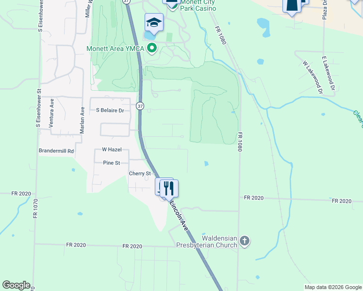 map of restaurants, bars, coffee shops, grocery stores, and more near 105-117 E Hazel St in Monett