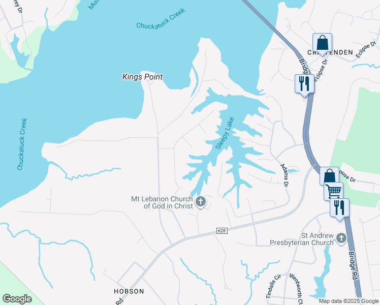 map of restaurants, bars, coffee shops, grocery stores, and more near 8609 Partridge Point Road in Suffolk