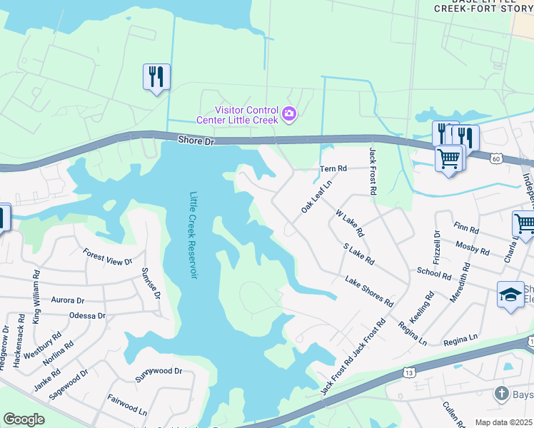 map of restaurants, bars, coffee shops, grocery stores, and more near 5213 Lake Shores Road in Virginia Beach