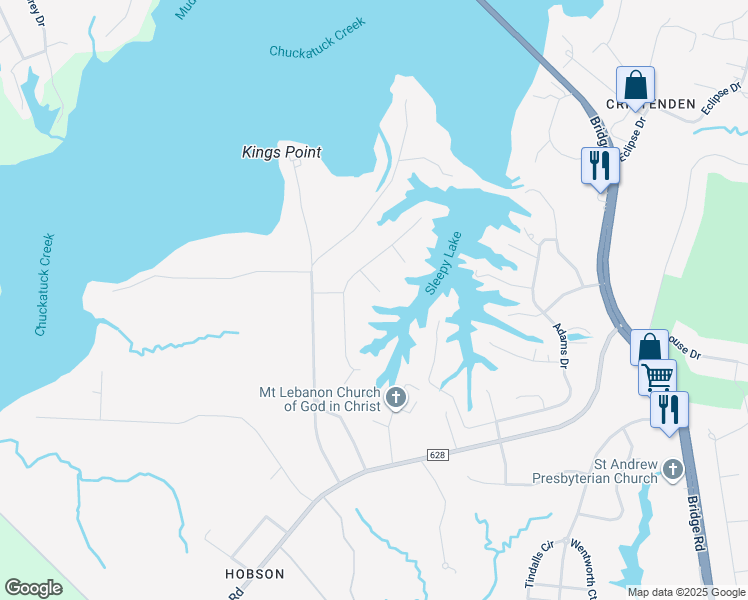 map of restaurants, bars, coffee shops, grocery stores, and more near 8609 Partridge Point Road in Suffolk