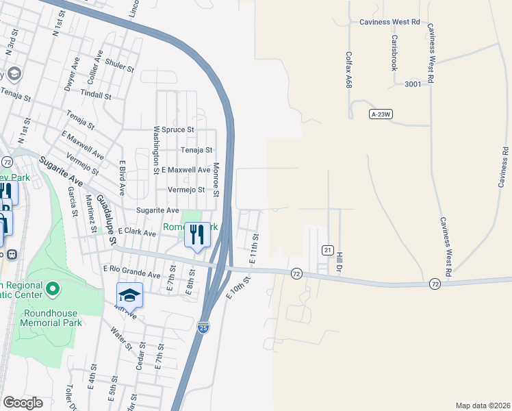 map of restaurants, bars, coffee shops, grocery stores, and more near 104 East 11th Street in Raton