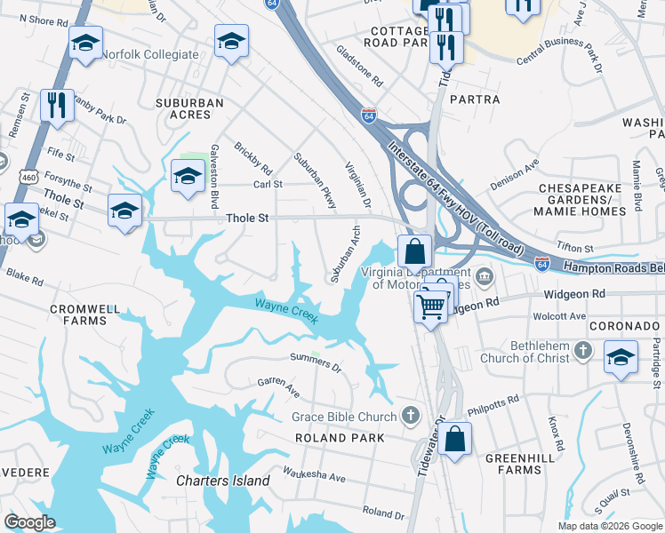map of restaurants, bars, coffee shops, grocery stores, and more near 7031 Suburban Arch in Norfolk