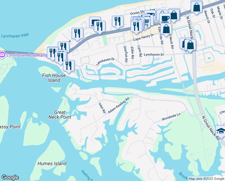 map of restaurants, bars, coffee shops, grocery stores, and more near 3032 Island Lane in Virginia Beach