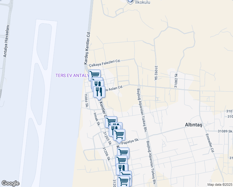 map of restaurants, bars, coffee shops, grocery stores, and more near No:1 Kara Aslan Caddesi in Aksu