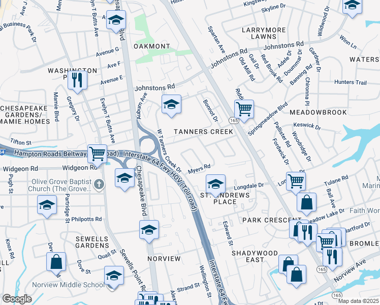 map of restaurants, bars, coffee shops, grocery stores, and more near 6852 Cedarwood Court in Norfolk