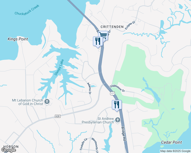 map of restaurants, bars, coffee shops, grocery stores, and more near 1608 Cornus Court in Suffolk