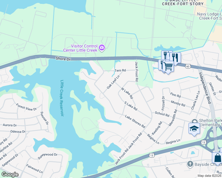 map of restaurants, bars, coffee shops, grocery stores, and more near 5225 South Lake Road in Virginia Beach